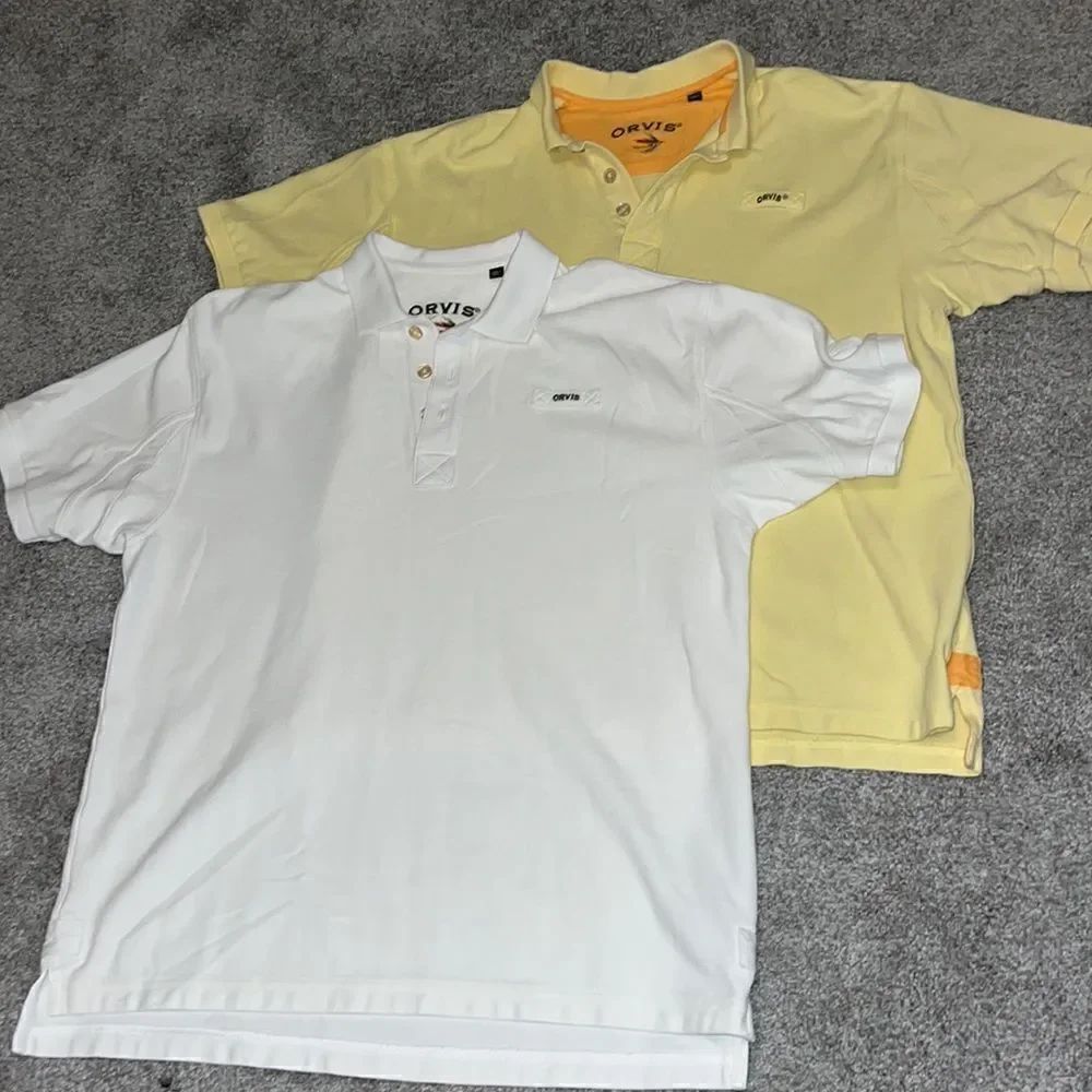 2-Orvis cotton fly fishing tabs fly tying white & yellow golf polo shirt-L